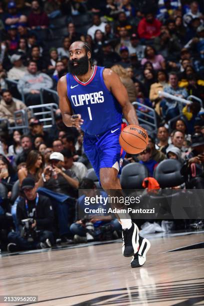James Harden of the LA Clippers handles the ball during the game on April 5, 2024 at Crypto.Com Arena in Los Angeles, California. NOTE TO USER: User...