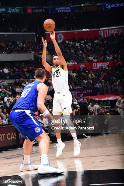 Darius Bazley of the Utah Jazz shoots a 3-point basket during the game on April 5, 2024 at Crypto.Com Arena in Los Angeles, California. NOTE TO USER:...