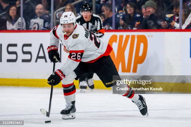 Erik Brannstrom of the Ottawa Senators skates during first period action against the Winnipeg Jets at Canada Life Centre on March 30, 2024 in...