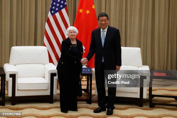 Treasury Secretary Janet Yellen shakes hands with Chinese Vice Premier He Lifeng prior to a meeting on April 6, 2024 in Guangzhou, China. Treasury...