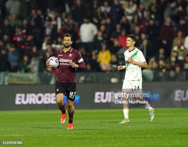 Antonio Candreva of US Salernitana 1919 is celebrating a goal from a penalty during the Serie A TIM match between US Salernitana and US Sassuolo in...