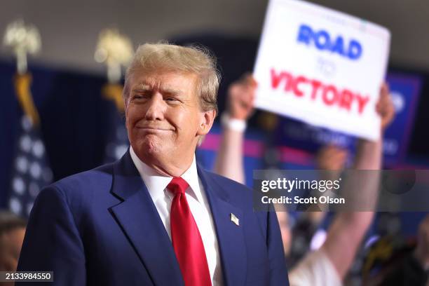 Former President Donald Trump speaks to guests at a rally on April 02, 2024 in Green Bay, Wisconsin. At the rally, Trump spoke next to an empty...