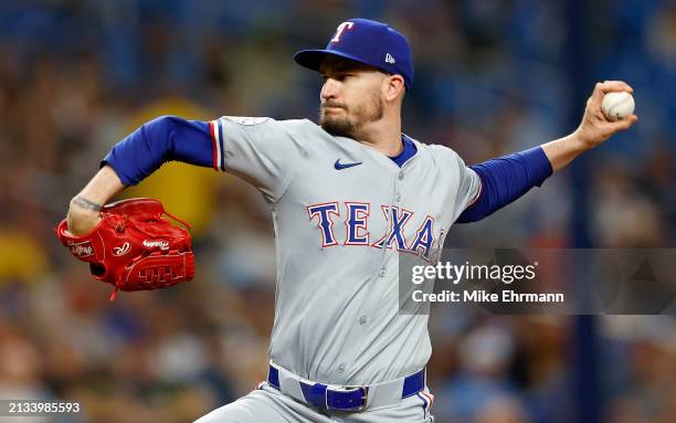 Andrew Heaney of the Texas Rangers pitches during a game against the Tampa Bay Rays at Tropicana Field on April 02, 2024 in St Petersburg, Florida.