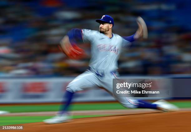 Andrew Heaney of the Texas Rangers pitches during a game against the Tampa Bay Rays at Tropicana Field on April 02, 2024 in St Petersburg, Florida.