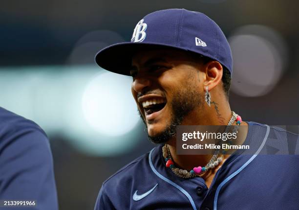 Jose Siri of the Tampa Bay Rays reacts to a play during a game against the Texas Rangers at Tropicana Field on April 02, 2024 in St Petersburg,...