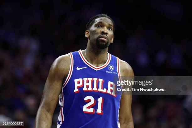 Joel Embiid of the Philadelphia 76ers looks on during the first quarter against the Oklahoma City Thunder at the Wells Fargo Center on April 02, 2024...