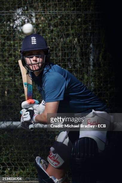 Nat Sciver-Brunt of England bats in the nets during an England women's squad training session at Seddon Park on April 03, 2024 in Hamilton, New...