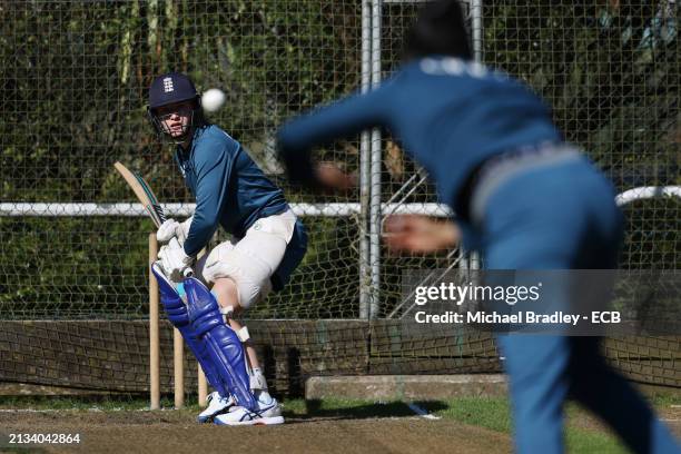 Charlie Dean of England bats in the nets during an England women's squad training session at Seddon Park on April 03, 2024 in Hamilton, New Zealand.