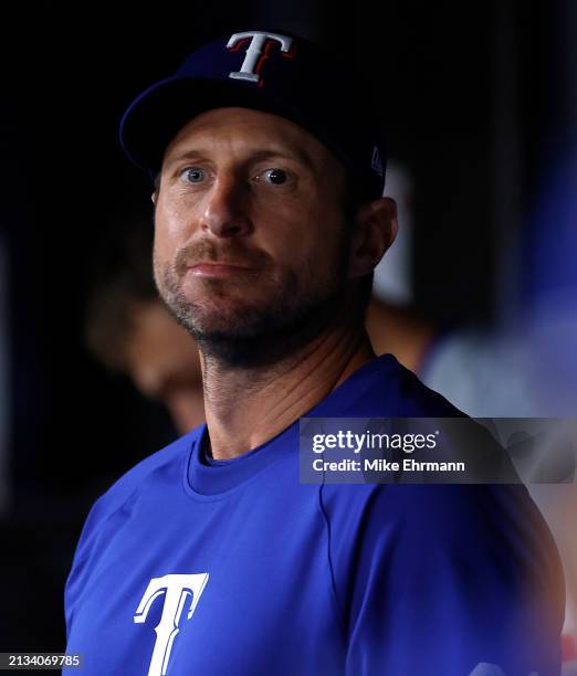 Max Scherzer of the Texas Rangers looks on during a game against the Tampa Bay Rays at Tropicana Field on April 02, 2024 in St Petersburg, Florida.