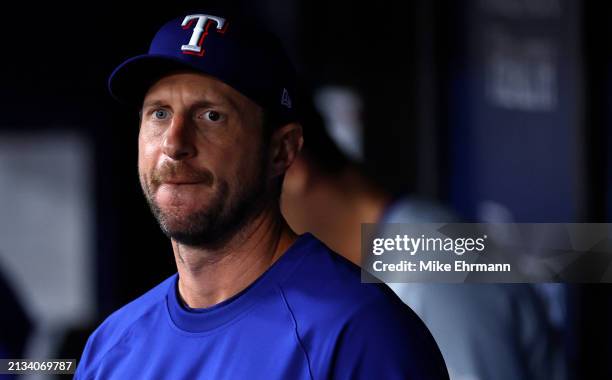 Max Scherzer of the Texas Rangers looks on during a game against the Tampa Bay Rays at Tropicana Field on April 02, 2024 in St Petersburg, Florida.