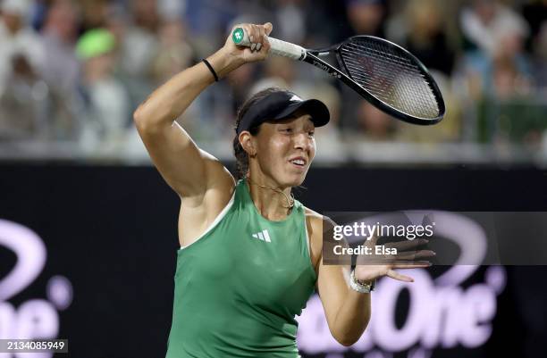 Jessica Pegula of the United States returns a shot to Amanda Anisimova of the United States on Day 2 of the WTA 500 Credit One Charleston Open 2024...