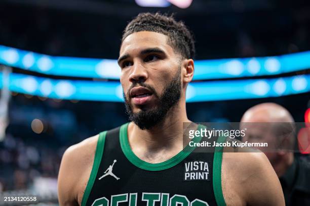 Jayson Tatum of the Boston Celtics looks on after their game against the Charlotte Hornets at Spectrum Center on April 01, 2024 in Charlotte, North...