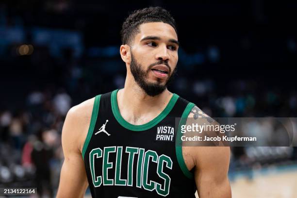 Jayson Tatum of the Boston Celtics looks on after their game against the Charlotte Hornets at Spectrum Center on April 01, 2024 in Charlotte, North...