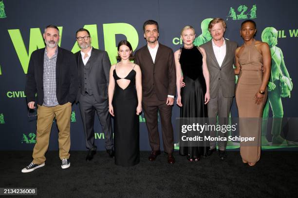 Alex Garland, Nick Offerman, Cailee Spaeny, Wagner Moura, Kirsten Dunst, Jesse Plemons and Jojo T. Gibbs attend the Los Angeles premiere of A24's...