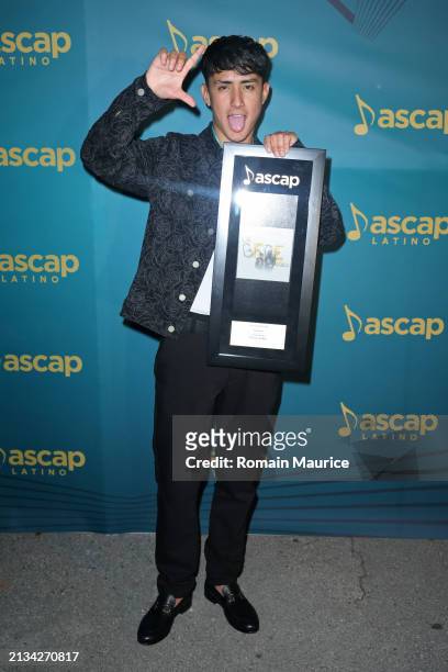 Song of the Year winner, Yng Lvcas attends the 2024 ASCAP Latin Music Award Winners Celebration at Vizcaya Museum & Gardens on April 02, 2024 in...