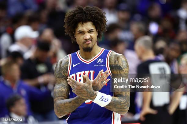 Kelly Oubre Jr. #9 of the Philadelphia 76ers reacts during the fourth quarter against the Oklahoma City Thunder at the Wells Fargo Center on April...