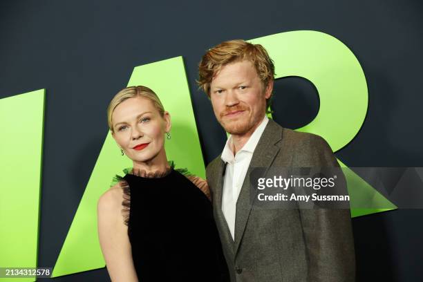 Kirsten Dunst and Jesse Plemons attend the os Angeles Premiere of A24's "Civil War" at Academy Museum of Motion Pictures on April 02, 2024 in Los...