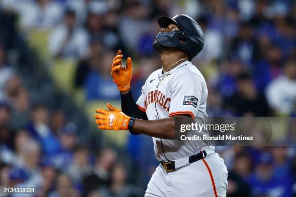 Jorge Soler of the San Francisco Giants celebrates a home run against the Los Angeles Dodgers in the sixth inning at Dodger Stadium on April 02, 2024...