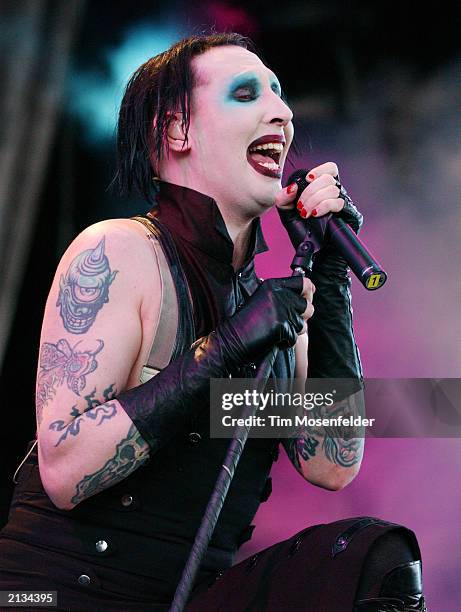 July, 2: Marilyn Manson performing at the Ozzfest Tour 2003 July 2 2003. The event was held at the Cricket Pavilion.