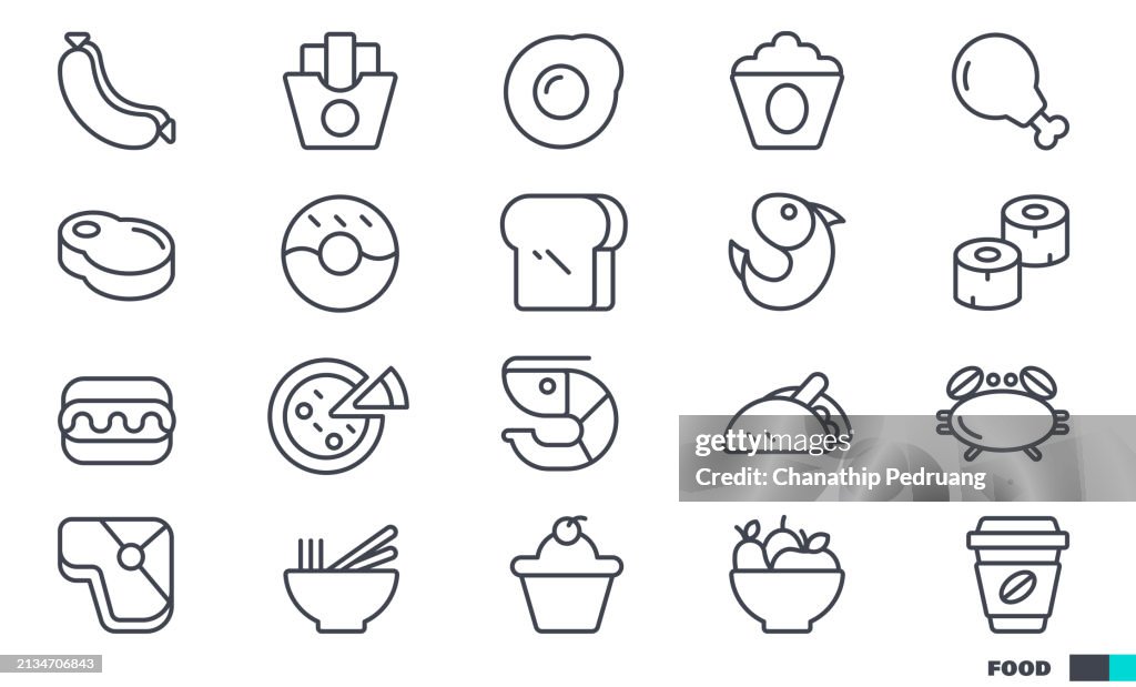Food and Drink Vector Icons stock illustration Icon Symbol, Fish, Meat, Pork, Chicken, Sausage, Shrimp, Coffee, French Fries, Pizza, Burger, Sushi, Crab