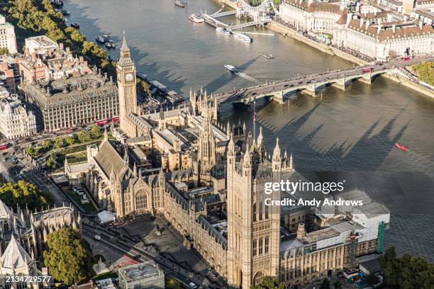 aerial view of houses of parliament and big ben - westminster bank stock pictures, royalty-free photos & images