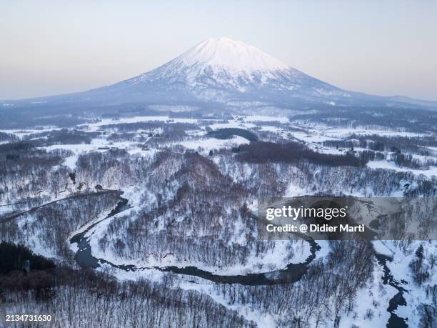 dramatic view of mt yotei in hokkaido in japan - niseko stock pictures, royalty-free photos & images