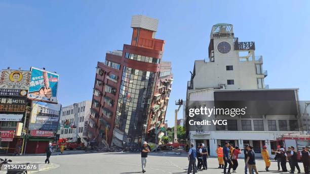 Red building is partially collapsed after a powerful 7.3-magnitude earthquake rocked the entire island on April 3, 2024 in Hualien County, Taiwan of...