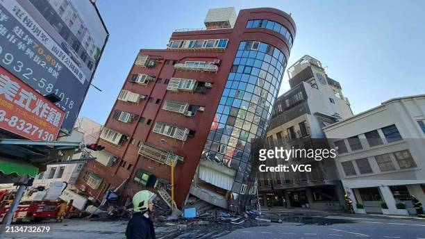 Red building is partially collapsed after a powerful 7.3-magnitude earthquake rocked the entire island on April 3, 2024 in Hualien County, Taiwan of...
