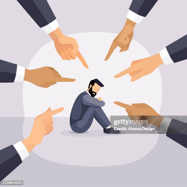 ilustraciones, imágenes clip art, dibujos animados e iconos de stock de empresario. las manos de la gente apuntan a un hombre de negocios. - maltrato emocional