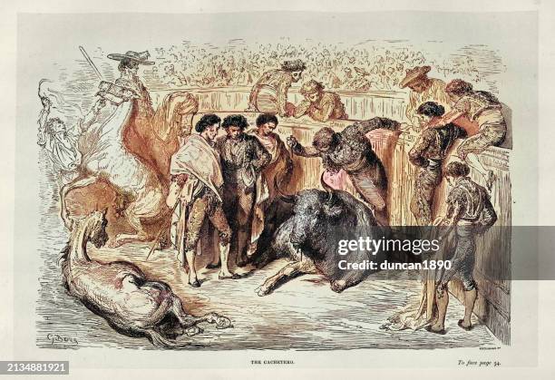 cachetero, bullfighter killing bull with a dagger, bull fighting, spanish 19th century - stabbing stock illustrations