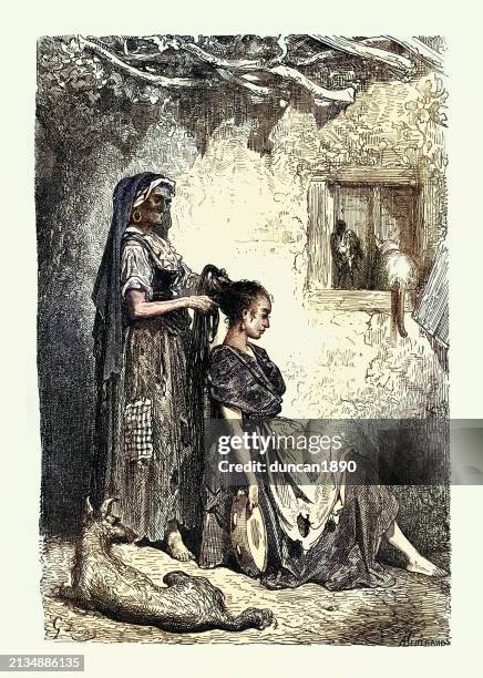 ilustraciones, imágenes clip art, dibujos animados e iconos de stock de romani woman having her hair dressed at diezma, andalusia, spain, spain, illustrated by gustave dore 19th century - diezma
