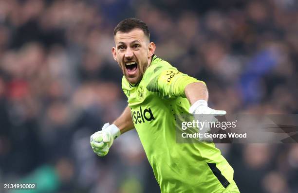 Martin Dubravka of Newcastle United celebrates a goal scored by teammate Dan Burn that is later disallowed for offside by VAR during the Premier...