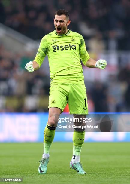 Martin Dubravka of Newcastle United celebrates a goal scored by teammate Dan Burn that is later disallowed for offside by VAR during the Premier...