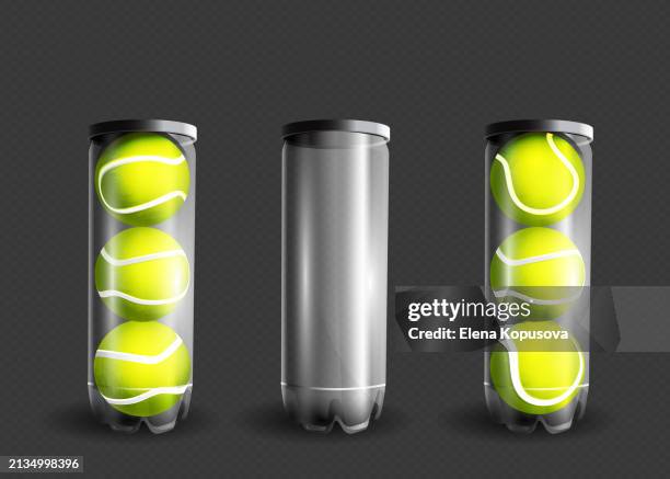 concept of sport and victory in modern style. packaging, tube, container for tennis balls on an isolated background. stylish vector set for sports competitions. - tennis ball stock illustrations