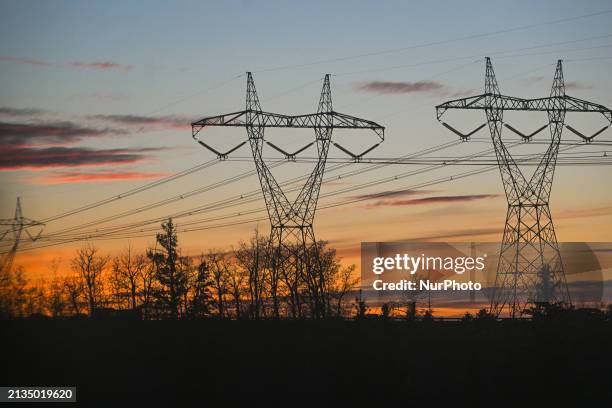 Network of electric polles with wires seen along Edmonton Anthony Henday Drive in South Edmonton area, on April 3 in Edmonton, Alberta, Canada.