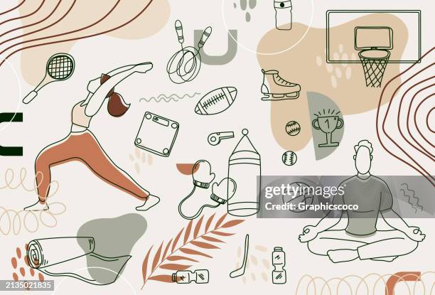 ilustraciones, imágenes clip art, dibujos animados e iconos de stock de conjunto de ejercicios de estilo boho con elementos decorativos. - yoga