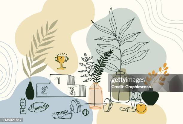 set of boho style exercises with decorative elements. - good posture stock illustrations