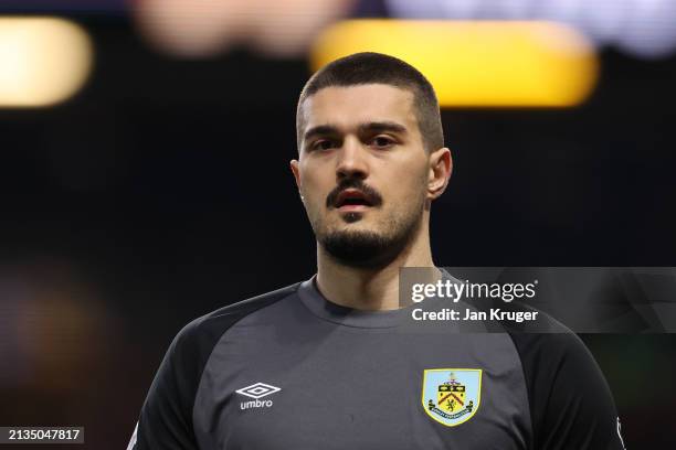 Arijanet Muric of Burnley during the Premier League match between Burnley FC and Wolverhampton Wanderers at Turf Moor on April 02, 2024 in Burnley,...