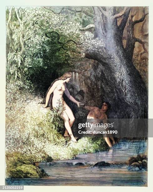 adam und eva im garten eden, miltons verlorenes paradies, gustave dore - adam bibelfigur stock-grafiken, -clipart, -cartoons und -symbole