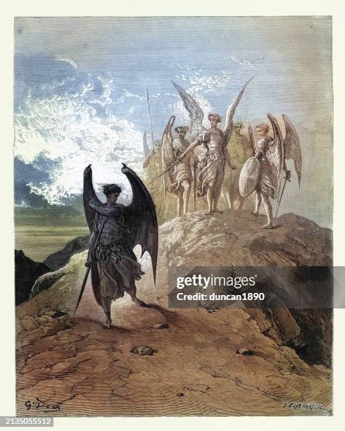 illustrazioni stock, clip art, cartoni animati e icone di tendenza di satana e gli angeli, il paradiso perduto di milton, gustave dore - malvagità
