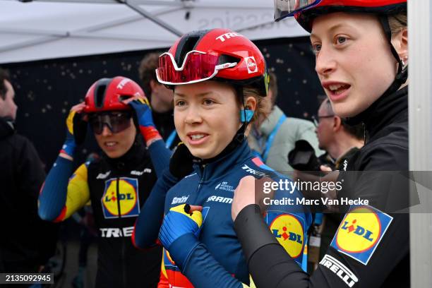 Ava Holmgren of Canada and Elynor Backstedt of Great Britain and Team Lidl-Trek prior to the 112th Scheldeprijs 2024, Women´s Elite a 130.5km one day...