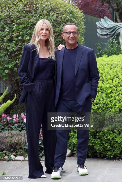 Alessia Marcuzzi and Carlo Conti attend a photocall for the "69th David di Donatello" press conference at RAI Viale Mazzini on April 03, 2024 in...
