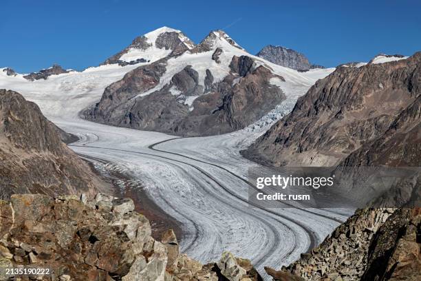 panorama of great aletsch glacier (grosser aletschgletscher), the largest glacier in the alps, valais, switzerland. - aletsch glacier stock pictures, royalty-free photos & images