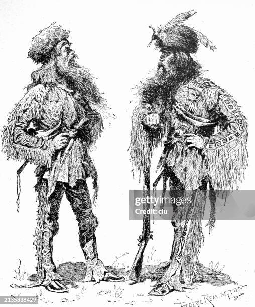 two trappers with long beards and fur caps talking to each other - 1891 stock illustrations