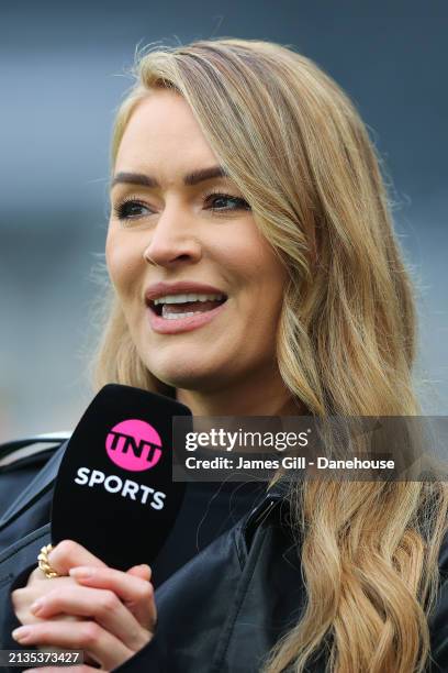 Sports pundit Laura Woods looks on prior to the Premier League match between Newcastle United and Everton FC at St. James Park on April 02, 2024 in...