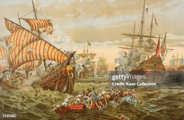 An illustration depicts the destruction caused by Portuguese explorer Vasco da Gama on Mohammedan pilgrims during his 1497 - 1499 journey around the...