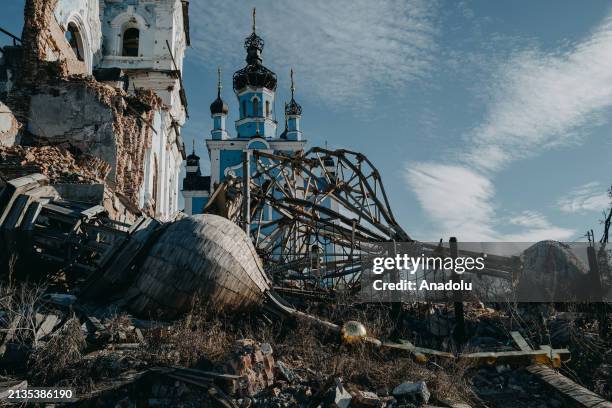 View of a church, destroyed by the war, in Bohorodychne, Donetsk Oblast, Ukraine on April 5, 2024. The village of Bohorodychne, in the Donetsk region...