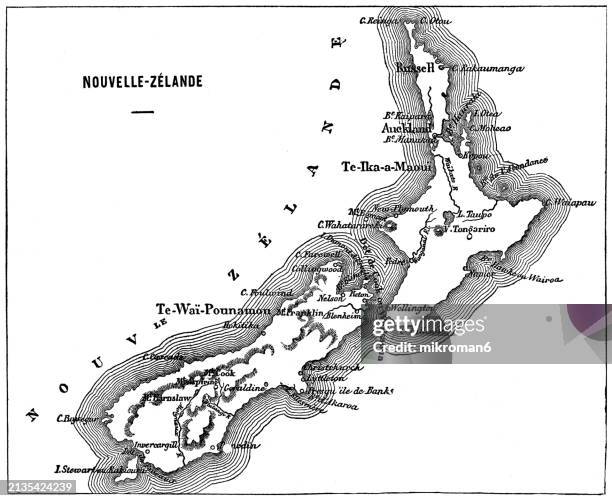 old engraved map of new zealand islands - vintage logo stock pictures, royalty-free photos & images
