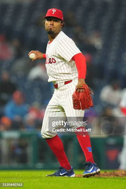 Ricardo Pinto of the Philadelphia Phillies in action against the Cincinnati Reds at Citizens Bank Park on April 2, 2024 in Philadelphia,...