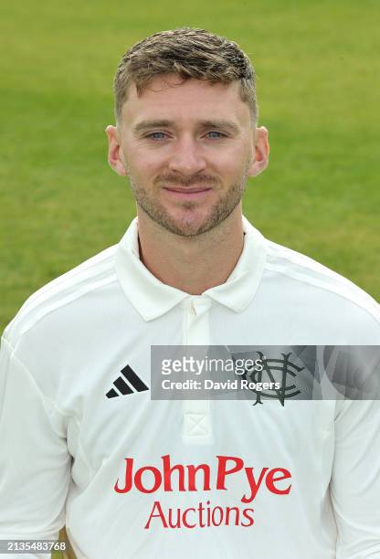Joe Clarke poses for a portrait during the Nottinghamshire CCC photocall at Trent Bridge on April 03, 2024 in Nottingham, England.